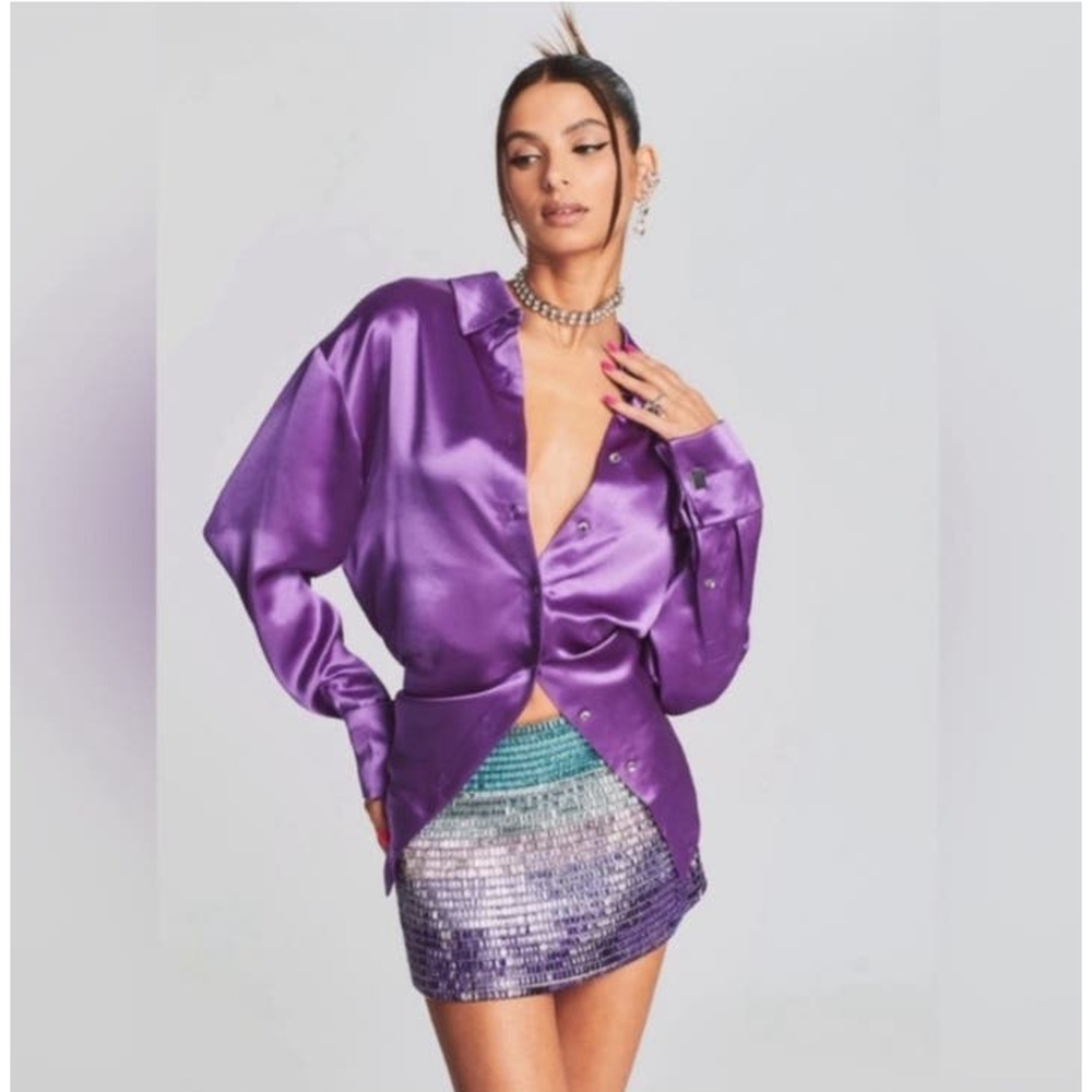 Retrofete Kit Shirt Orchid Purple Size XS Satin Button Down Long Sleeve NWT Cuff